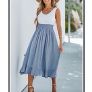 NWT Cupshe Blue & White Ruffled Scoop Neck         A-Line Dress Size XS